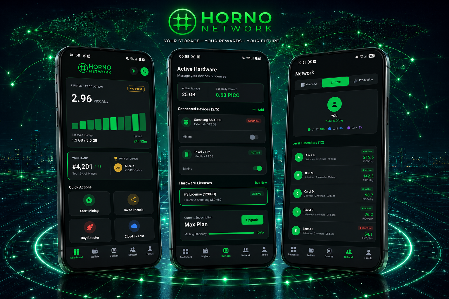 Horno Network mobile app: dashboard, active hardware and network views
